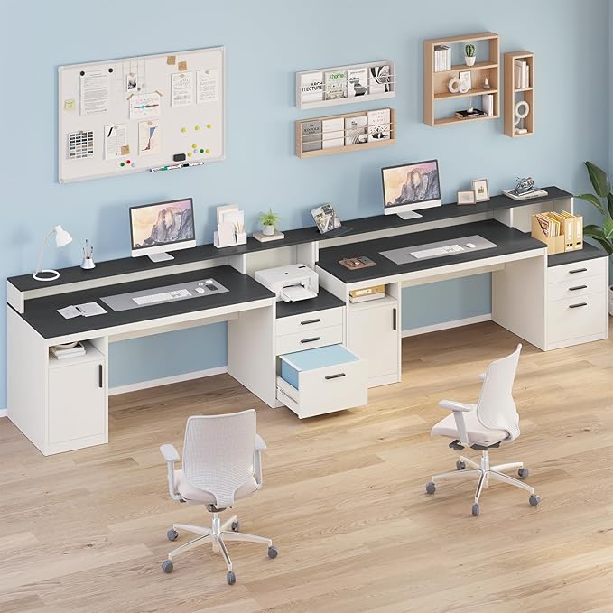 65 Inch Computer Desk with 3 Drawers &amp Storage Shelves Executive Desk with File Drawer &amp Cabinet Home Office Desk with Long Monitor Stand &amp Printer Shelf Black &amp White