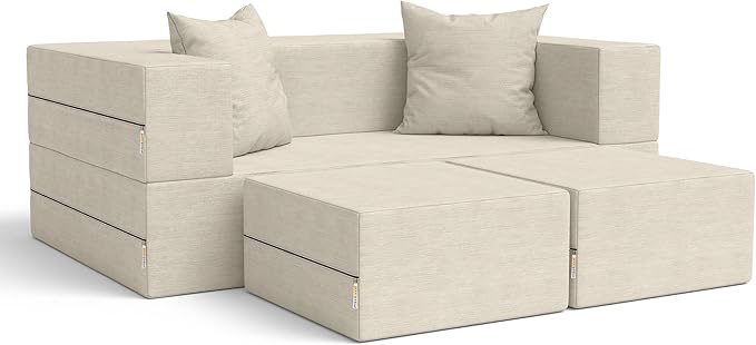 Jaxx Zipline Convertible Sleeper Loveseat &amp Ottomans Textured Microvelvet - Ivory