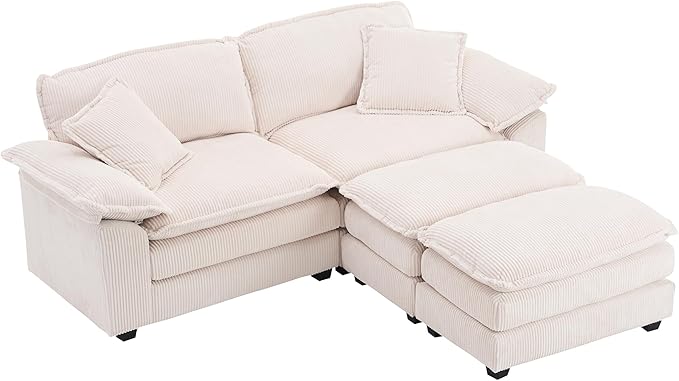 Corduroy Modular Cloud Sofa with Ottoman Comfy 2-Seater Sectional Loveseat Sleeper for Living Room Upholstered Deep Seat Modern Couch &amp 2 Throw Pillows and Detachable Armrest (Off White)