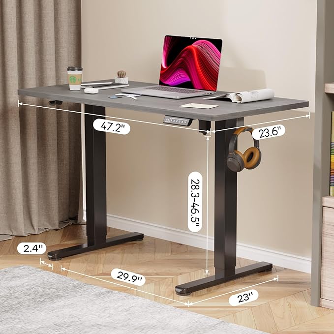 Grey Standing Desk 48 X 24 Inch Adjustable Height Electric Table Sit Stand Desk with 2 Hooks Ergonomic Rising Workstation with Splice Board