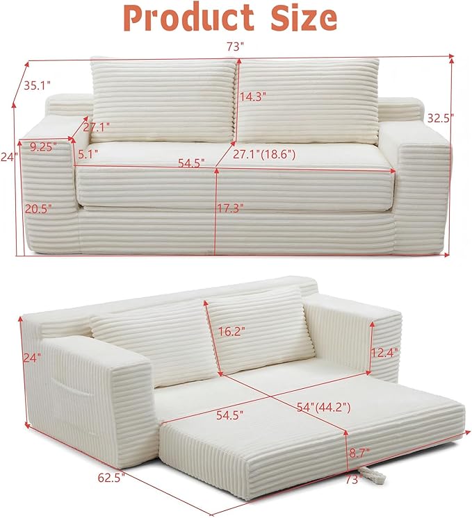 73 Boneless Loveseat Couch 2 in 1 Pull Out Sleeper Sofa with Side Pockets &amp 2 Pillows Folding Convertible Corduroy Floor Couch for Apartment Living Room Bedroom No Assembly(Beige)