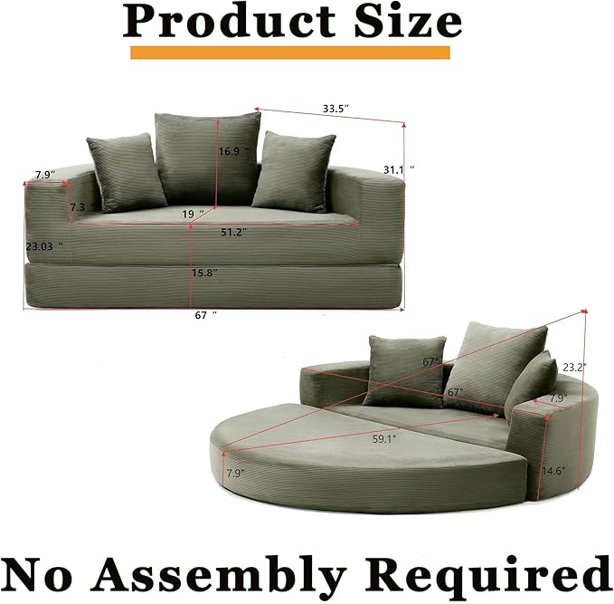 Green Boneless Loveseat Couch - 67 Circular Convertible Sofa Bed No Assembly Corduroy Folding Floor Futon with Pillows for Small Spaces (Green)