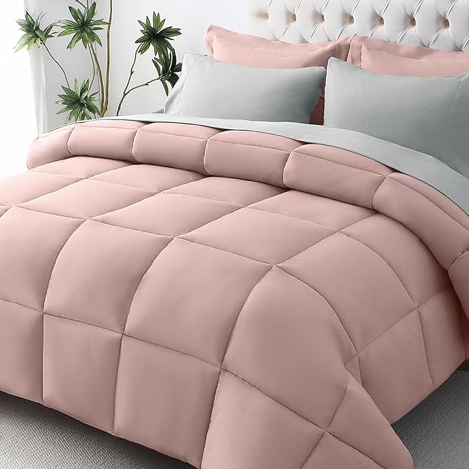 JOLLYVOGUE Twin XL Comforter Set Ultra-Soft Bed in a Bag Twin XL Size 5 Pieces Oeko-TEX Certified Bedding Set with Down Alternative Comforter Sheets Pillowcases &amp Shams Pink &amp Light Grey