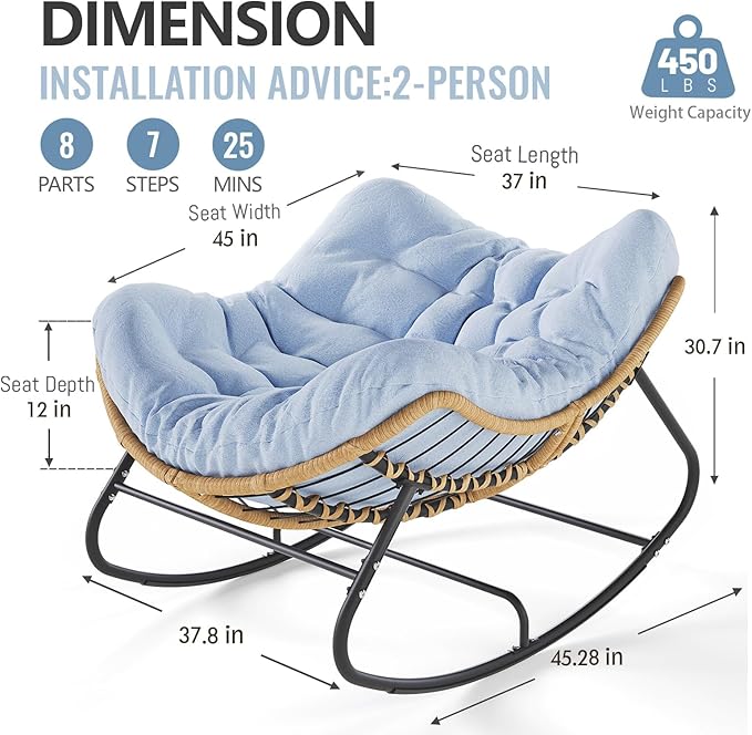SWITTE Outdoor Rocking Chair Oversized Patio Papasan Rocker Comfy Wicker Reading Lounge Indoor Egg Chair for Bedroom Living Room Porch Garden Lawn-Light Blue
