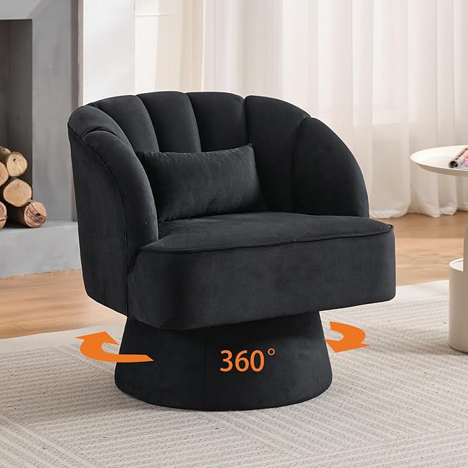 Mid Century Modern Swivel Barrel Chair - 360° Swivel Accent Chair with Plush Velvet Upholstery &amp Wide Cushioned Seat Round Lounge Sofa Chair for Living Room Bedroom Office (Black 1 PCS)