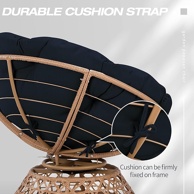 38'' 360 Degree Swivel Wicker Papasan Chair with Cushion and Base - Thickened Rattan Swivel Papasan Chair with Soft Cushion and Durable Frame Oversized Reading Chair for Living Room Dark Blue