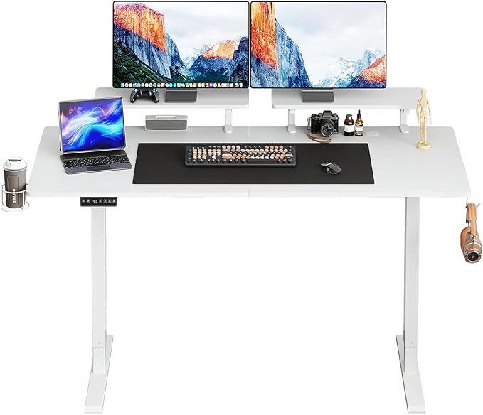 ONBRILL Standing Desk with 2 Adjustable Monitor Shelves 63 x 24 Inch Electric Stand Up Desk with Memory Controller and Adjustable Height from 28-46 inches for Computer Workstations All White