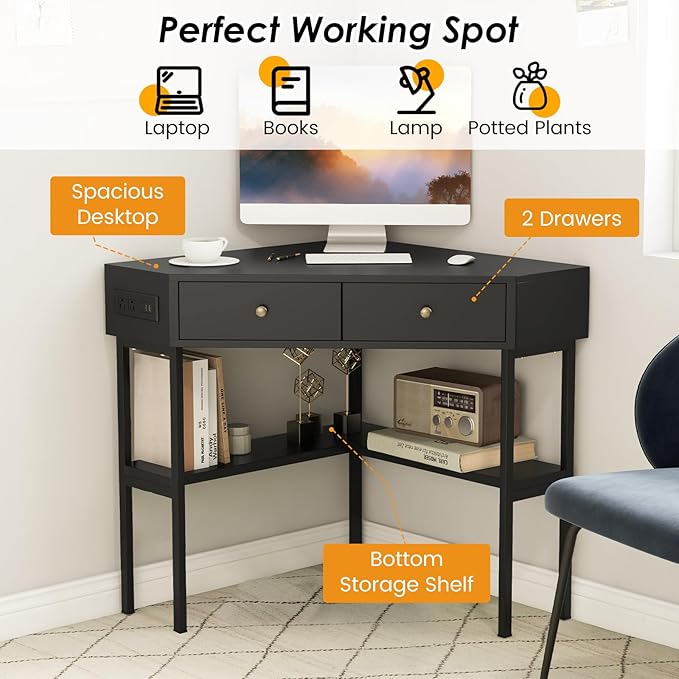 Giantex Corner Desk with Charging Station 90 Degree Triangle Computer Desk with 2 Drawers &amp Storage Shelf L-Shaped Writing Desk Makeup Vanity Table Compact Corner Desk for Small Spaces (Black)