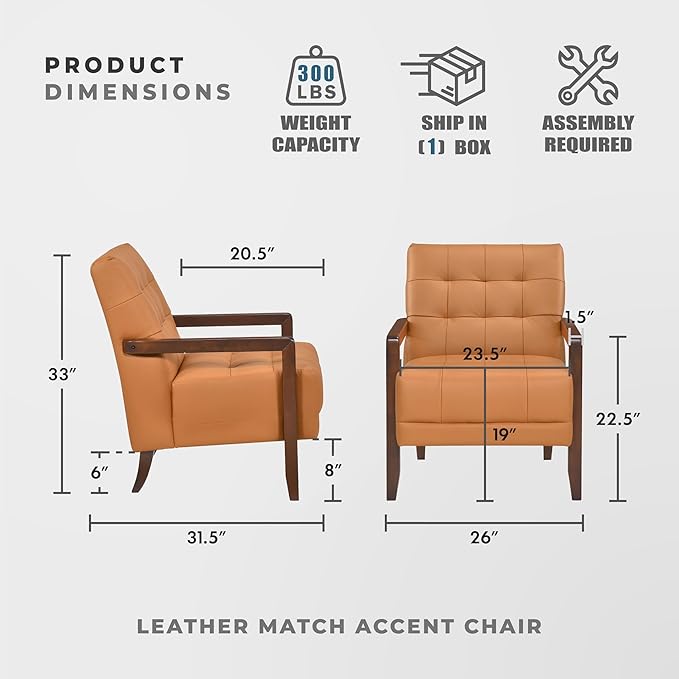 Lexicon Modern Accent Chair Luxury Genuine Leather Match Living Room Chair with Tufted Cushions Solid Wood Frame and Arm Rest Comfy Upholstered Single Seat for Bedroom/Reading/Office Orange