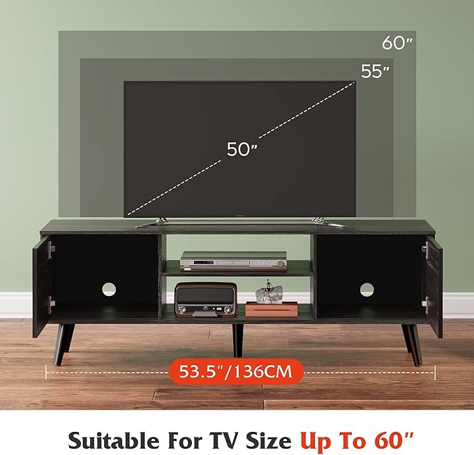 WLIVE Mid-Century Modern TV Stand for 55/60 Inch TV Entertainment Center with Storage &amp Adjustable Shelves Media Console with Soft-Close Cabinets for Living Room/Bedroom Greige White