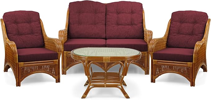 Wickerix Jam Lounge Living Accent Armchair Colonial Color Natural Rattan Wicker Handmade Design with Dark Brown Cushion
