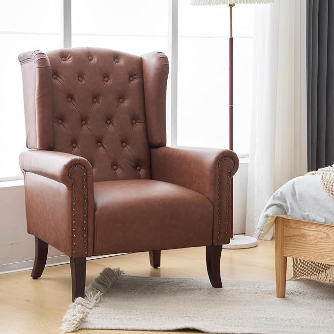 MOJAY Mid-Century Modern Living Room Chairs Set of 2 Upholstered Faux Leather Accent Chairs Club Arm Chair Single Sofa Chair with Solid Wooden Legs for Bedroom Study Home Office Lounges (Brown)
