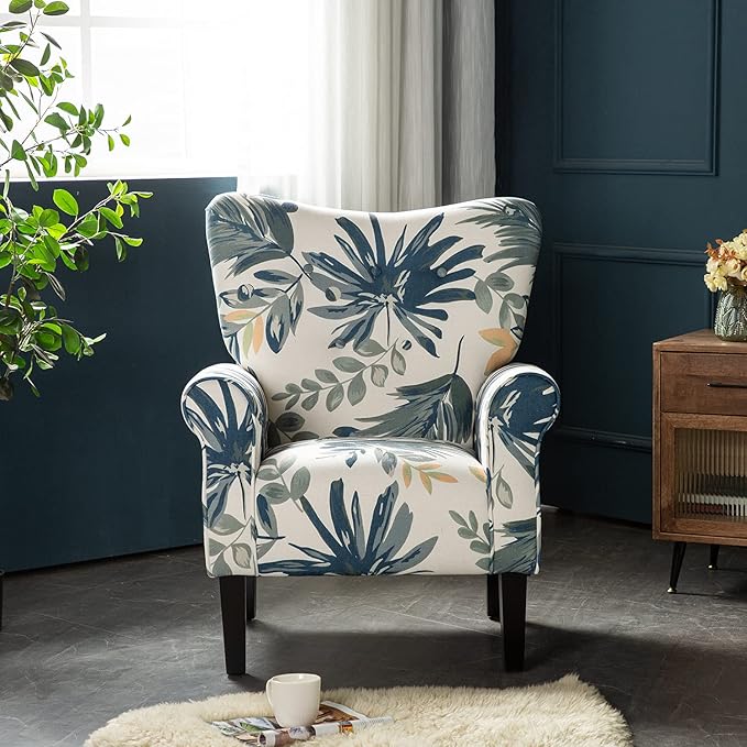 YOLENY Modern Accent ChairHigh Back ArmchairUpholstered Fabric Button Single Sofa with Wooden Legs for Living RoomBedroomBlue Leaves
