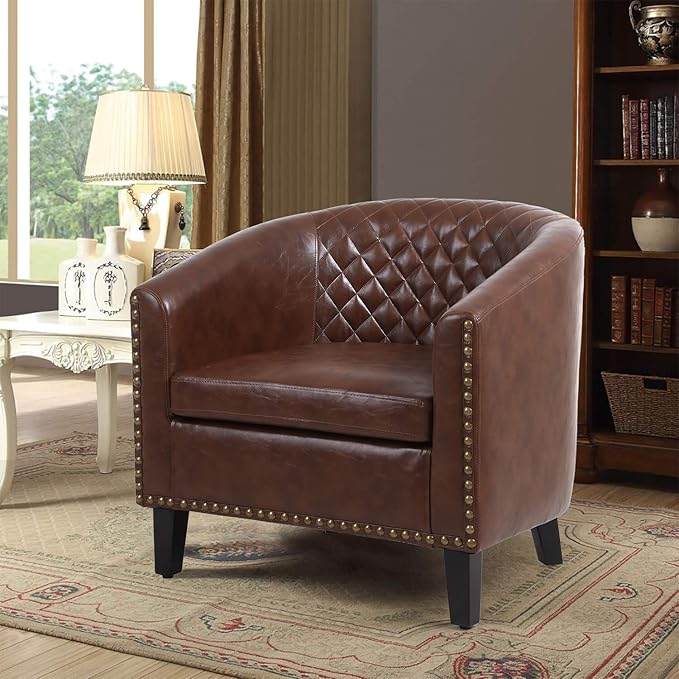 Accent Barrel Chair Living Room Chair with Nailheads and Solid Wood Legs Brown pu Leather