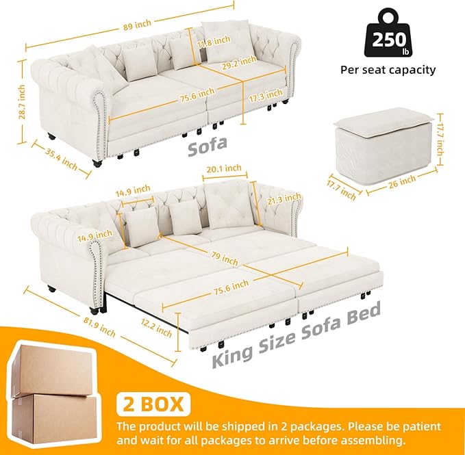 KEIKI 3-in-1 Velvet Chesterfield Sofa Bed with Ottoman Convertible King Size Sleeper Couch Rolled Arm Design Comfortable 3-Seater for Living Room or Bedroom Beige