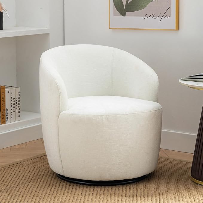 360 Degree Swivel Accent Chair Modern Barrel Vanity Chair with Back Comfy Single Circle Couch for Living Room Bedroom Reading Nook (Chenille White)