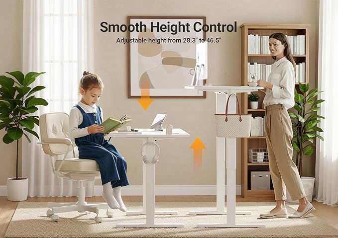 Seang Electric Height Adjustable Standing Desk 40 x 24 Inch Sit-Stand Workstation with T-Style Frame 3 Memory Height Options &amp Built-in Cable Management for Home Office White Frame/White Top
