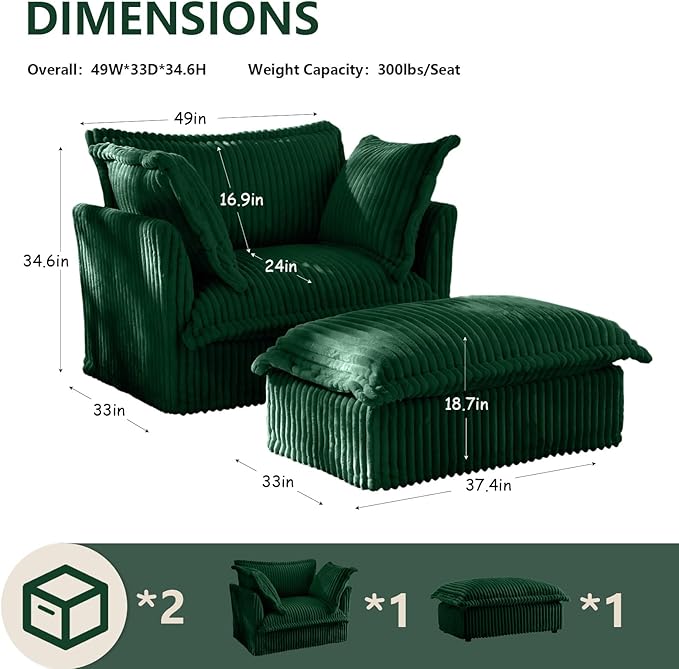 49''W Corduroy Chaise Lounge Chair Indoor Oversized Upholstered Sleeper Sofa with Movable Ottoman and 2 Pillows Removable Sofa Cover for Living Room Home Theater Apartment(Green)