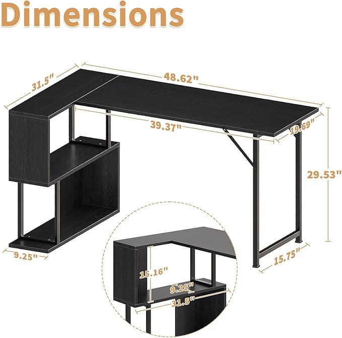 ALISENED L Shaped Computer Desk with 2 Shelves Bookshelf Modern Corner Computer Desk with Storage Office Desk Study Table Writing Desk for Home Office