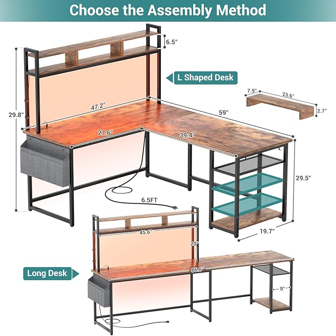 Aheaplus L Shaped Gaming Desk 59 Reversible Gaming Desk with Power Outlet and Led Lights L Shaped Computer Desk with Storage Shelves &amp Monitor Stand Home Office Desk L Shaped Desk Rustic Brow