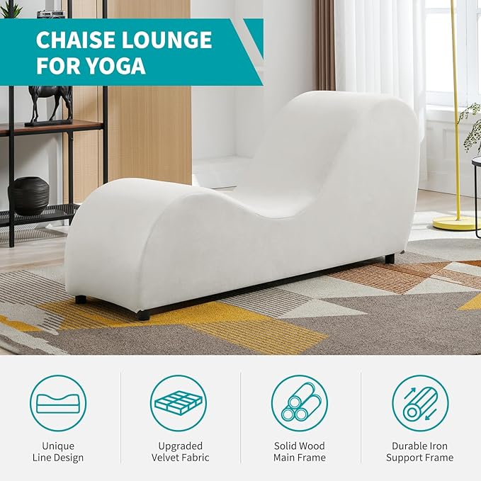 BALUS 60.6 W Yoga Sofa Chaise Lounge Chair for Adults Ergonomic S-Shape Yoga Chairs Indoor for Living Room Relaxing Modern Velvet Chaise Lounges Chair for Small Space Stretching Exercising - Beige