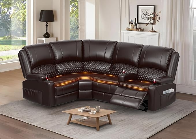 Manual Reclining Sectional Sofa Set 4 Seats Soft Leather Recliner Corner Sectional Couch Family-Sized L-Shaped Recliner Couch with USB Charging Thickened Padding Sturdy Frame Brown