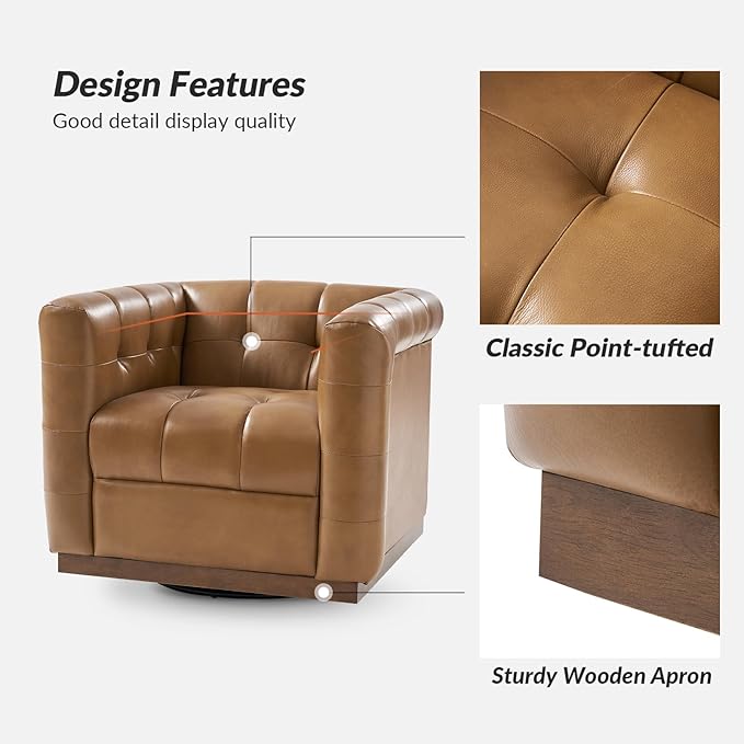HULALA HOME Genuine Leather Swivel Accent Chair with Wooden Base Mid Century Modern Square Accent Chair for Living Room Bedroom Club Camel