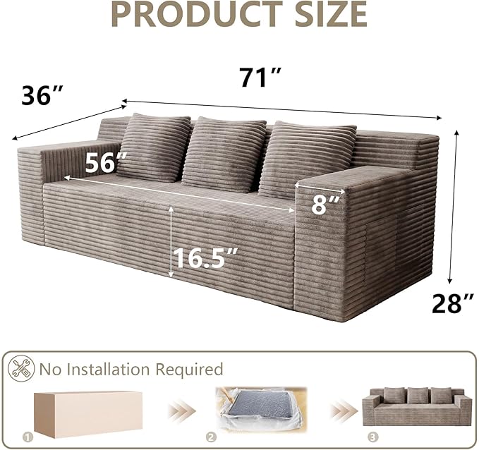 71 Love Seat Couches Corduroy Boneless Loveseat with Deep Seats 2 Seat Couch Apartment Size Couch with 3 Pillows&ampSide Pockets for Bedroom Office No Assembly Required Camel