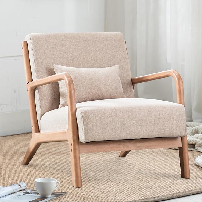 INZOY Mid Century Modern Accent Chair with Wood Frame Upholstered Living Room Chairs with Waist Cushion Reading Armchair for Bedroom Sunroom (Beige)