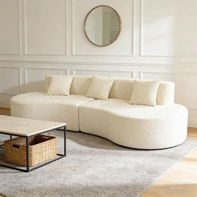 Modern Curved Sectional Sofa Couch 95 Beige - Cloud Fleece Upholstered 4-Seater Modular Boneless Couches for Living Room Office Apartment