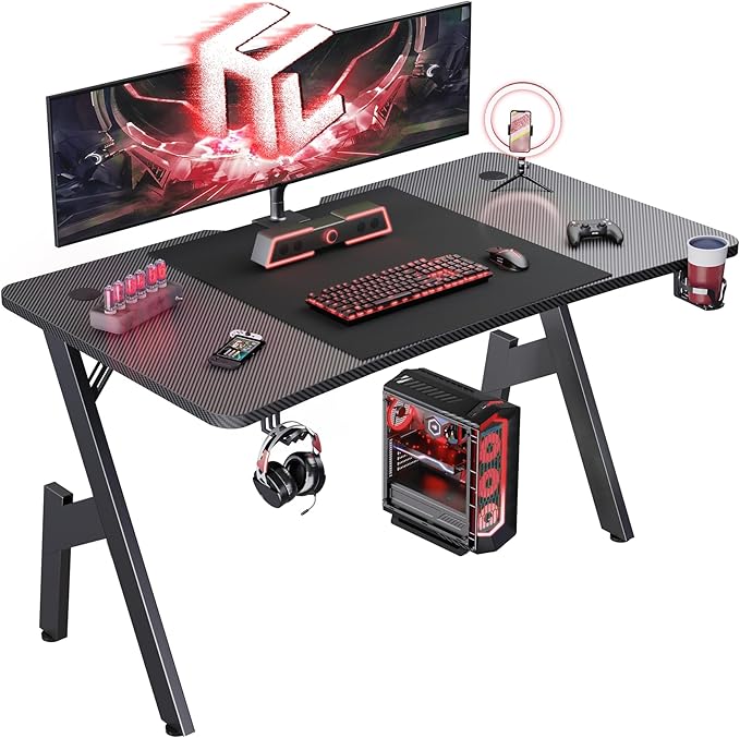 HLDIRECT 47 Inch Gaming Desk Large Computer Gaming Desk Table with Cable Management Ergonomic Carbon Fiber Gamer Table Pc Work Home Office Desks with Cup Holder &amp Headphone Hook &amp Mouse Pad