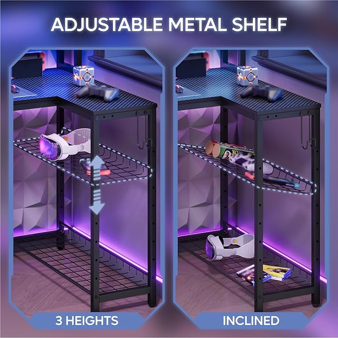 Bestier Gaming Desk with Power Outlet 71.5 inch LED Computer Desk with Monitor Stand L Shaped Large Desk with Metal Shelf Cup Holder &amp Headset Hooks Corner Desk for Bedroom 3D Carbon Fiber