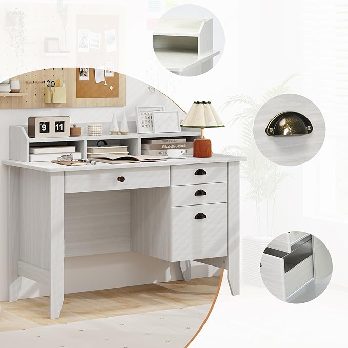 Safeplus 48 Computer Desk with 4 Storage Drawers and Hutch Wood Executive Table for PC Laptop