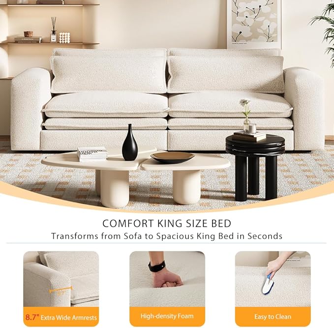93 Sleeper Sofa Bed King Size Teddy Pull Out Couch 3 in 1 Convertible Futon Couches Modern Deep Seat Daybed with 2 Pillows Loveseat for Living Room Apartment Office Cream Beige