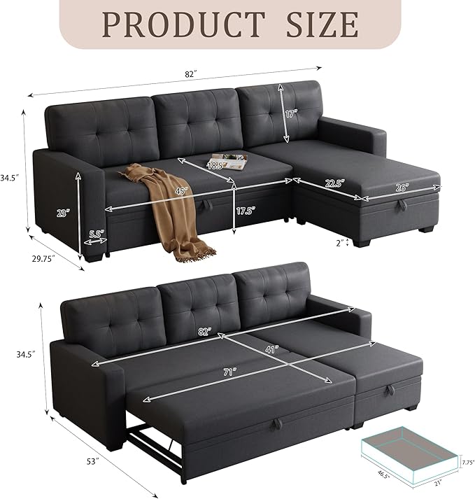 82 L-Shape Convertible Sleeper Sectional Sofa with Storage Chaise and Pull-Out BedModular Corner Couch Loungew/Removable 3 Back Cushions and Armrestfor Home FurnitureDark Gray