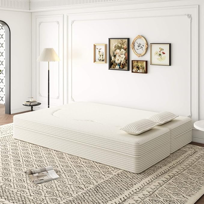 Modern 2-in-1 Convertible Sofa Bed 78 Full Size Corduroy Floor Sofa with 2 Pillows Folding Mattress Sleeper for Living Room &amp Guest Room No Assembly Required