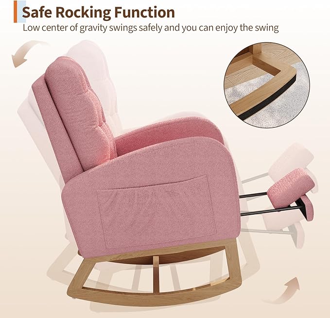 GarveeHome Nursery Rocking Chair with Adjustable Footrest Teddy Fleece Upholstery Sturdy Wooden Legs &amp High Backrest Comfortable Glider Rocking Chair for Living Room or Bedroom Pink
