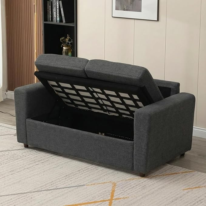 Panana Modern 3 Seater Couch Seette Linen Fabric Grey Sofa with Under Storage Compartment for Small Apartment 180 x 80 x 80cm (Dark Grey Sock Arm)