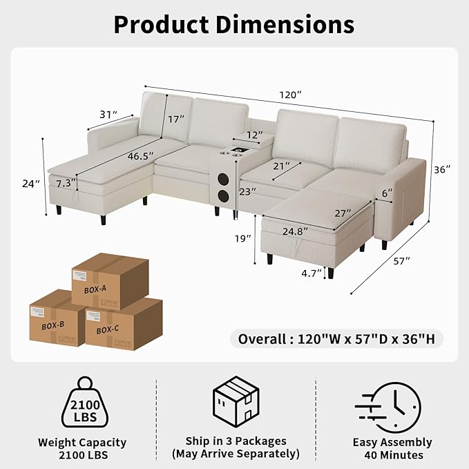 Sectional Couches for Living Room 6 Seat Sectional Sofa with Bluetooth Speaker/RGB Light/Charging Station Teddy Fleece U Shaped Couch with Storage Ottoman and Reversible Chaise Lounge - White