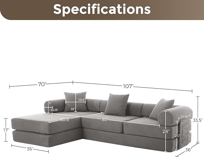 L Shaped Modular Sofa Bed with Cylindrical Pillow &amp Reversible Chaise Corduroy Folding Convertible Floor Sofa Couch Bed with Fixed-Shape Frame &amp Storage Pocket for Living Room Grey
