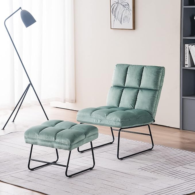 MCombo Velvet Accent Chair with Ottoman Set Modern Armless Chair for Living Room Bedroom Small Space 0014 (Velvet Light Green)
