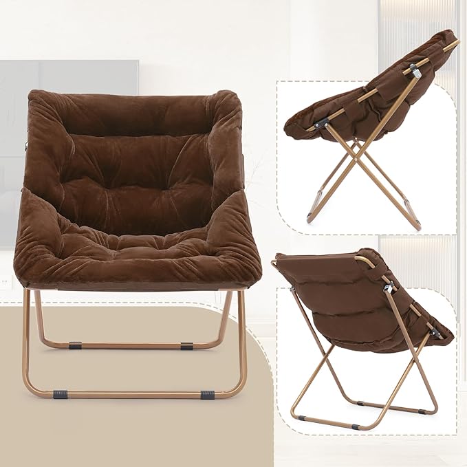 Athena Collection Comfy Saucer Chair and Ottoman Set for Adult Comfortable Faux Fur Square Oversize Folding Reading Chair with Metal Leg Lazy and Cozy for Bedroom Living Room Brown