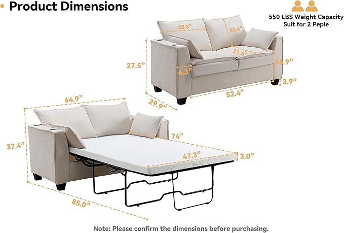 65 Pull Out Sofa Bed Sleeper Sofa Couch 2-in-1 Convertible Chenille Loveseat with USB Charging Ports and Memory Foam Mattress Full Size Pullout Bed for Living Room Apartment or Office Beige