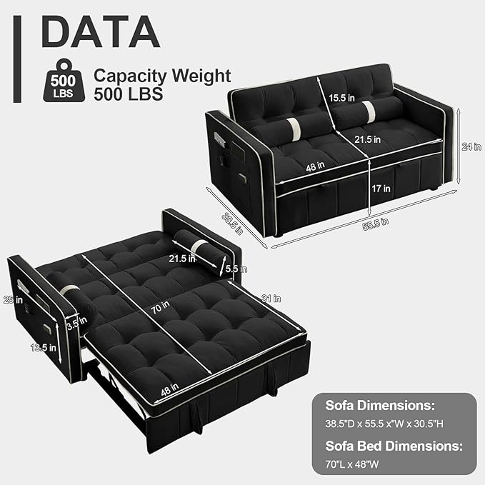 3-in-1 Convertible Sleeper Sofa Bed55.5 Modern Tufted Velvet Pull Out Couch BedFuton Small Love Seat Sofa with Adjustable Backrest&ampCylinder Pillows for Living RoomApartmentSmall Places(Black)