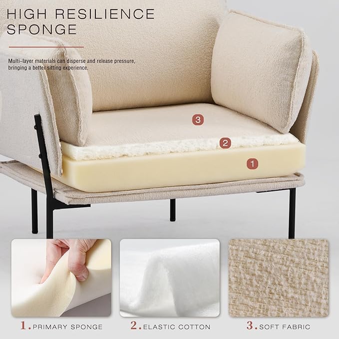Modern Boucle Accent Chair for Living Room ChairsOversized Upholstered Reading Chair Lounge Armchair with Sturdy Metal LegsComfy Single Sofa Chair for Living RoomBedroomBalcony (Cream)