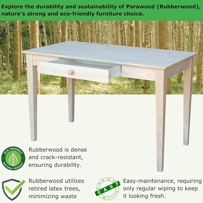 IC International Concepts Writing Desk With Drawer Solid Real Wood Sturdy Parawood Dimensions 19.41W x 15D x 2.36H Home Office/Study Paint/Stain Ready Unfinished