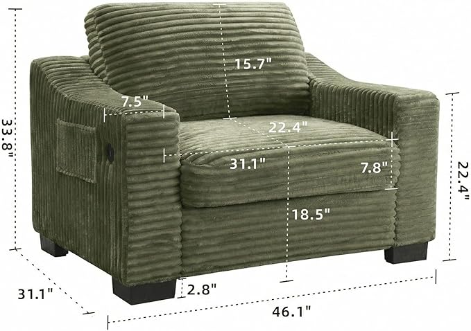 46.1''W Oversized Accent Chair Modern Single Armchair with USB Charger &amp Storage Pocket Comfy Reading Chair Tufted Corduroy Fabric for Living Room Bedroom Apartment Office (Green)