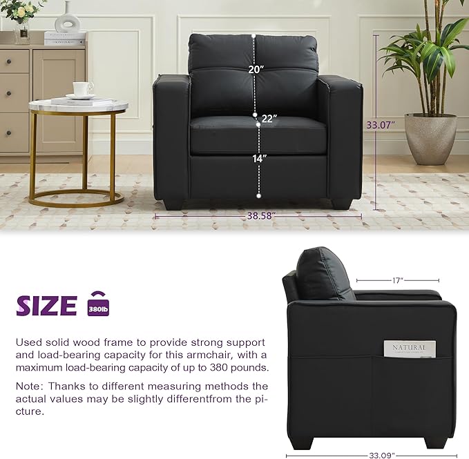 TYBOATLE Accent Chair Comfy Black Faux Leather Living Room Chair Reading Oversized Accent Chairs Tufted Mid Century Modern Arm Chair Wide Armchair for Office Bedroom Lobby