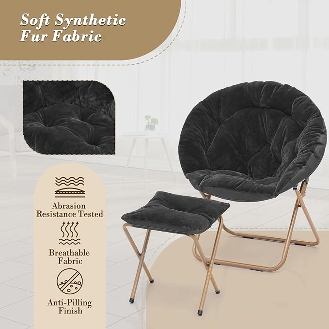 Athena Collection Round Saucer Chair with Ottoman Set for Adults Oversize Comfy Cozy Faux Fur Folding Reading Chair with Metal Leg Lazy Relaxing for Living Room Bedroom Dorm Apartment Black