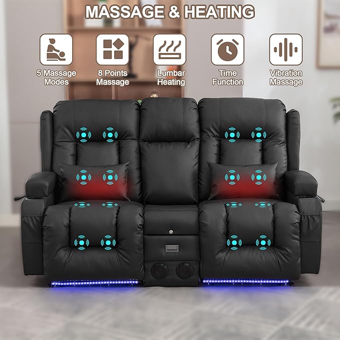 TUNYI Power Loveseat Recliner Sofa with Massage &amp Heat Home Theater Seating with Console RV Recliner Loveseat Sofa with USB/Storage/Side Pocket/LED Light/Speaker (Black Loveseat)